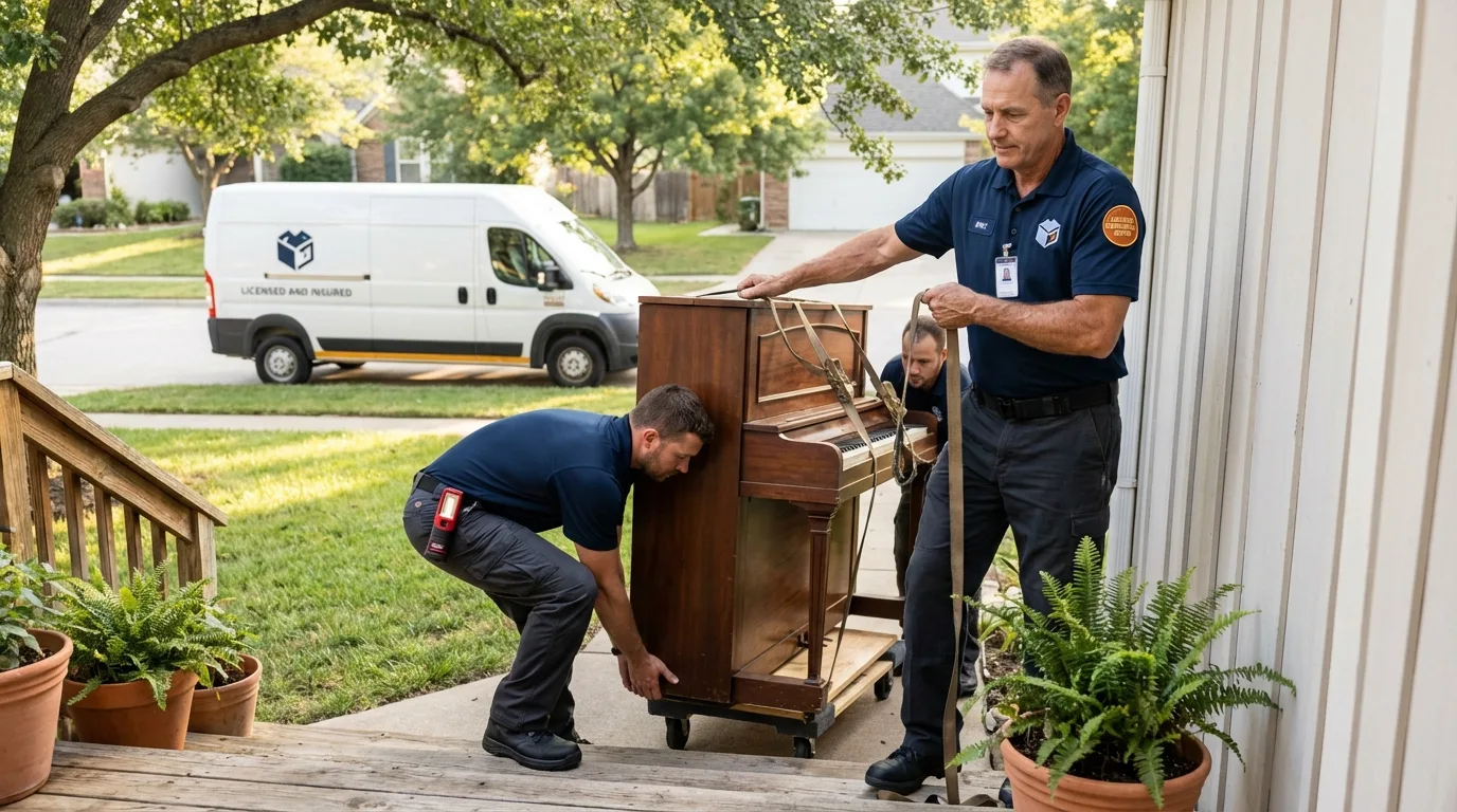 Licensed piano movers securing grand piano in Montpelier, ID