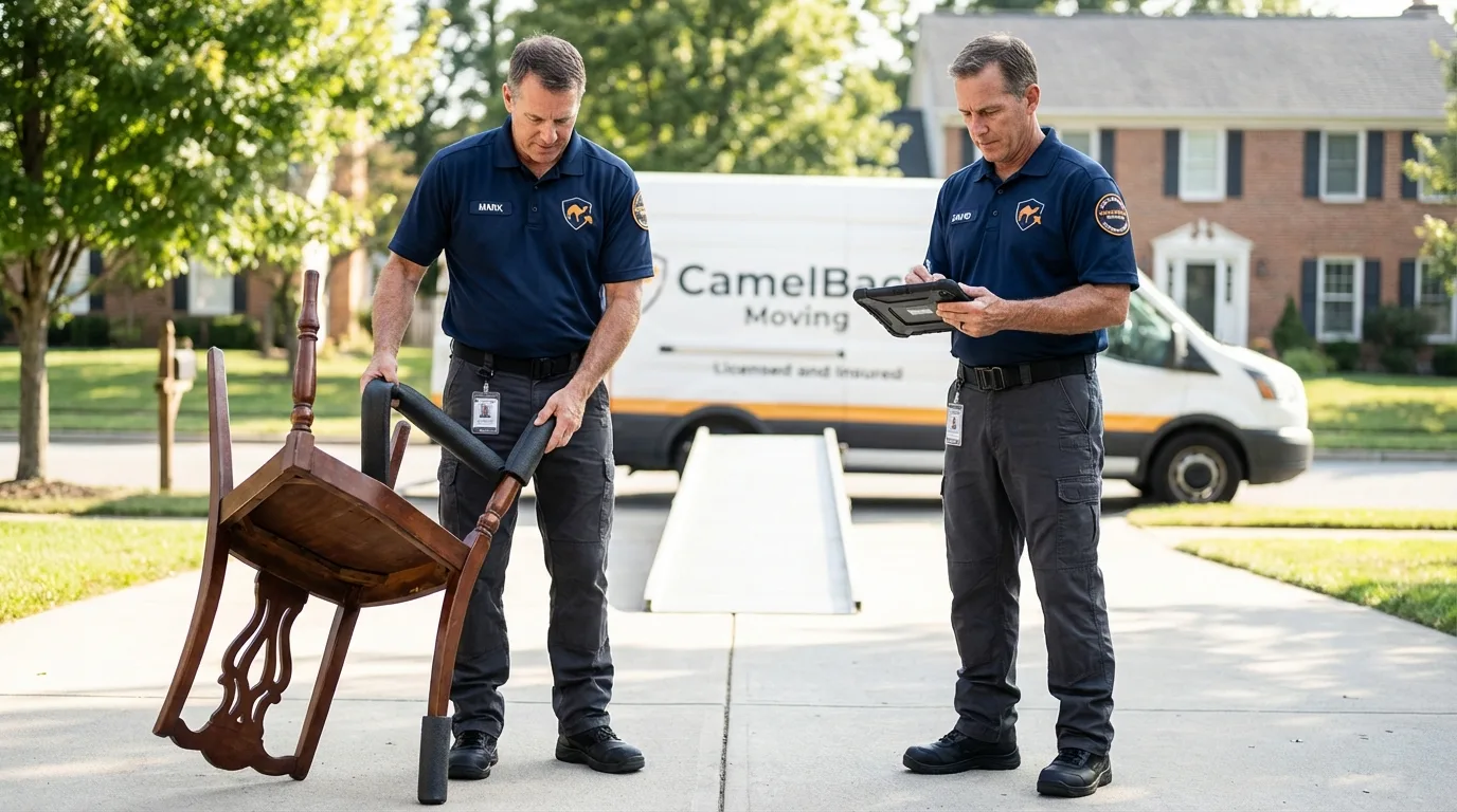 Movers inspecting furniture for damage prevention before loading in Montpelier, ID