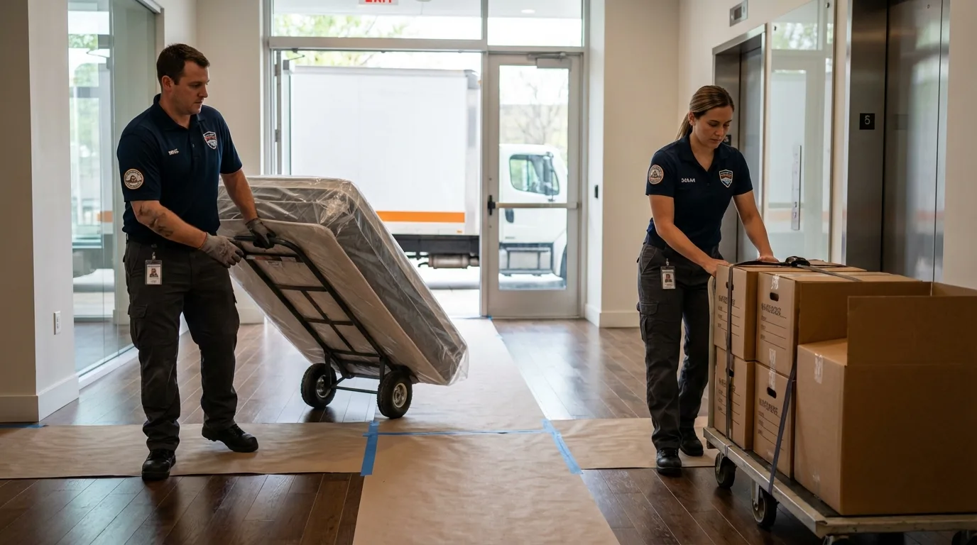 Professional apartment movers loading elevator in Montpelier, ID